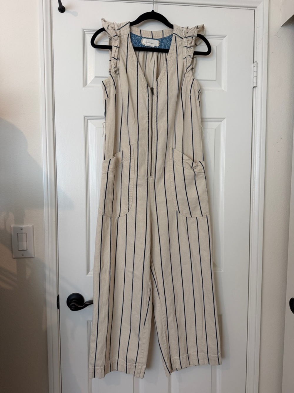 Anthropologie Cream and Navy Striped Ruffle-Sleeve Jumpsuit
